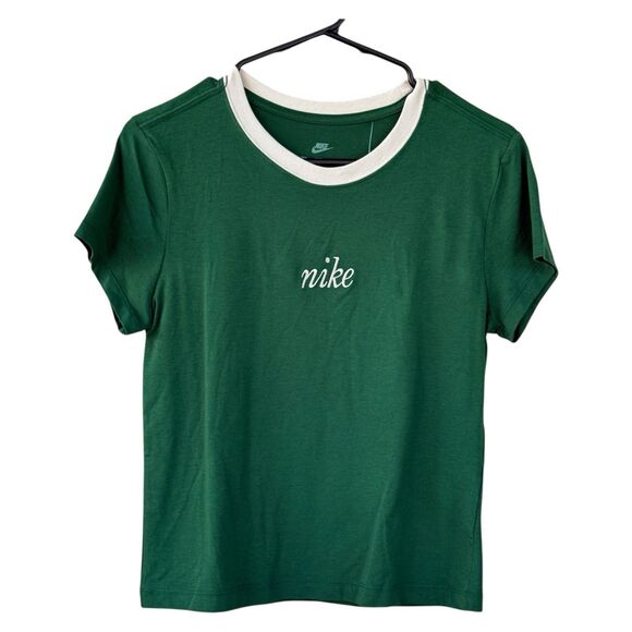 Nike Cropped T-Shirt Women's M Green Sportswear Chill Knit Slim New White Collar - Picture 1 of 3